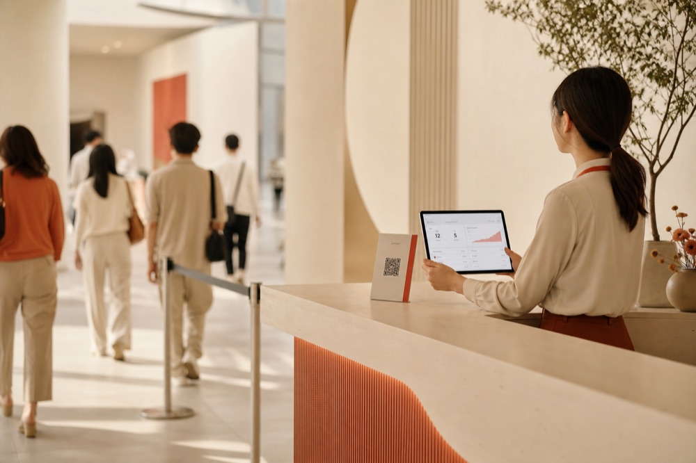 Event staff member at a check-in desk holding a tablet showing a live queue dashboard