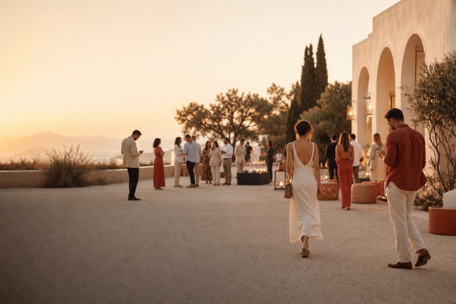 Relaxed event attendees mingling outdoors at golden hour, glancing at their phones instead of standing in line