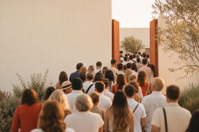 A dense crowd of people bottlenecked around a single event entrance