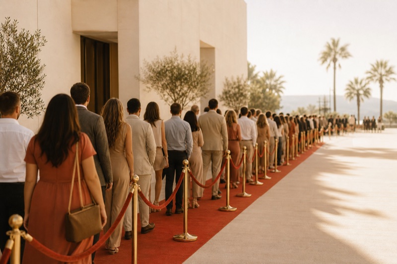 A long line of attendees waiting outside an event entrance