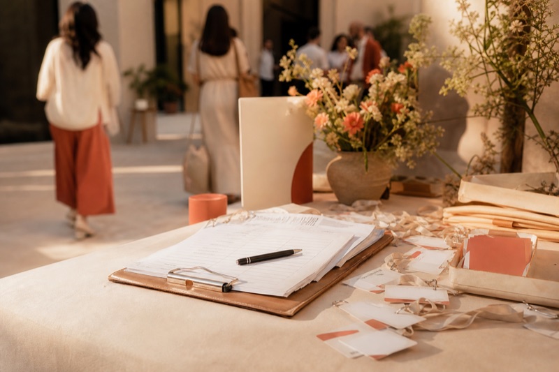A cluttered check-in desk with messy paper sign-in sheets on a clipboard