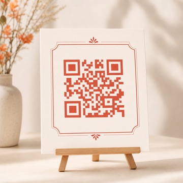 A printed QR code sign on an easel at a venue entrance