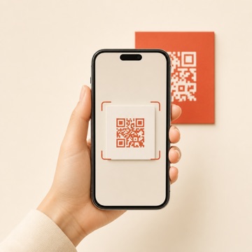 A hand holding a phone scanning a QR code
