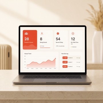 A laptop showing a live queue management dashboard