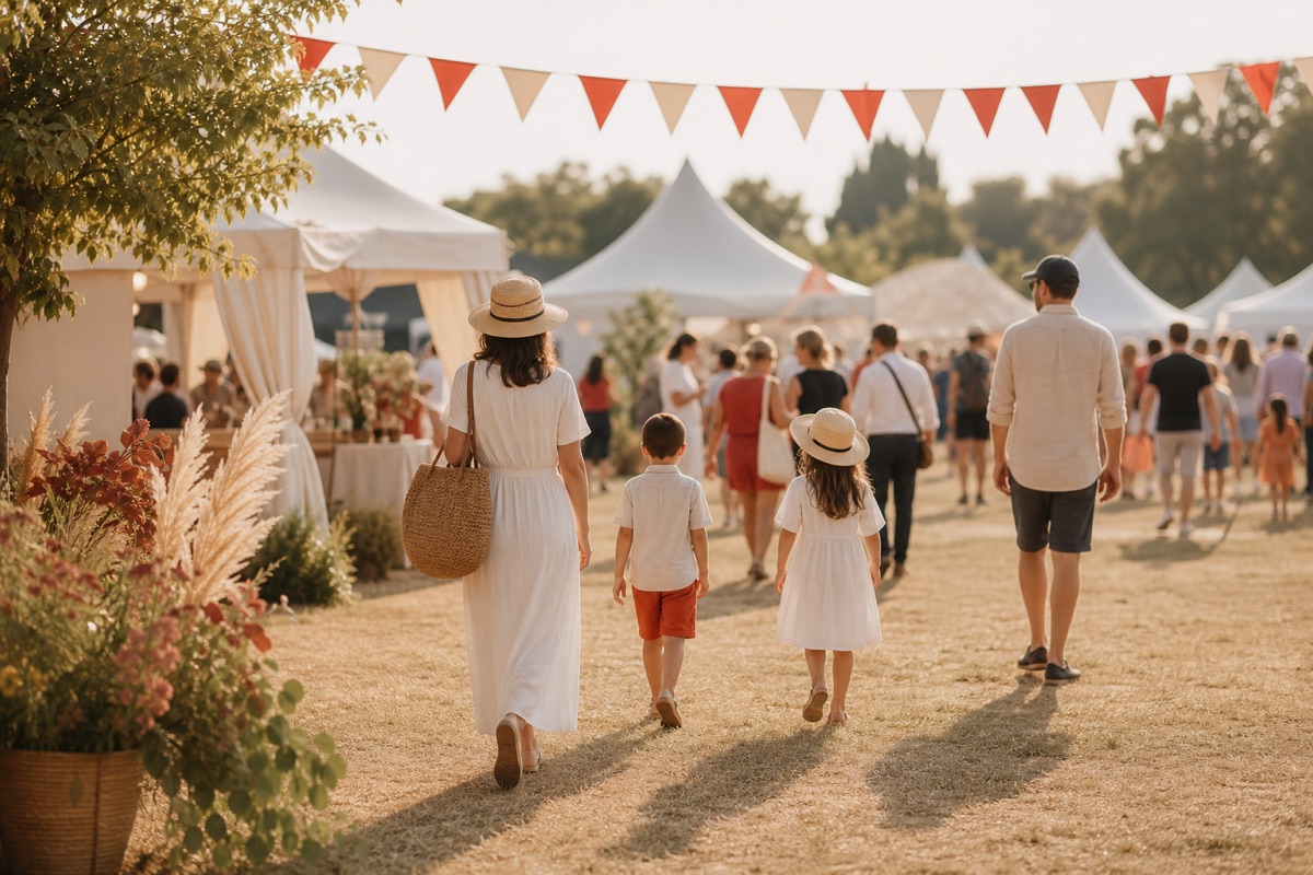 Outdoor community fair with white tents and colorful bunting flags