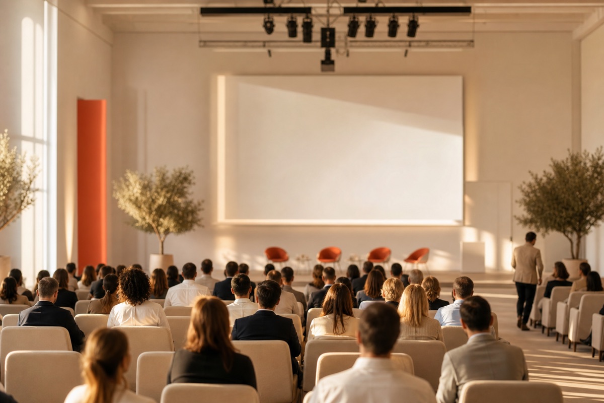 Modern conference hall with rows of seats facing a lit stage
