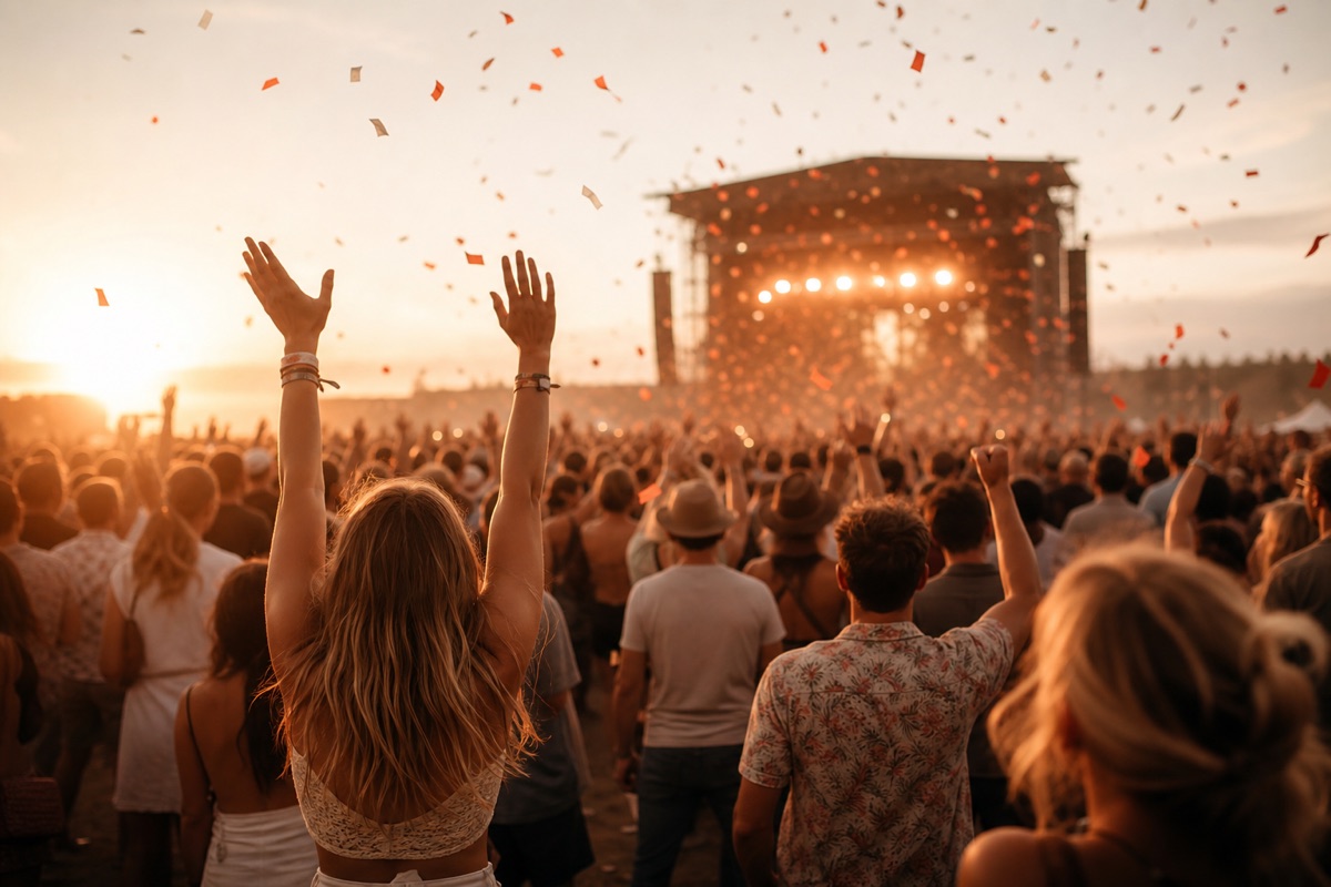Festival crowd at golden hour with a glowing stage