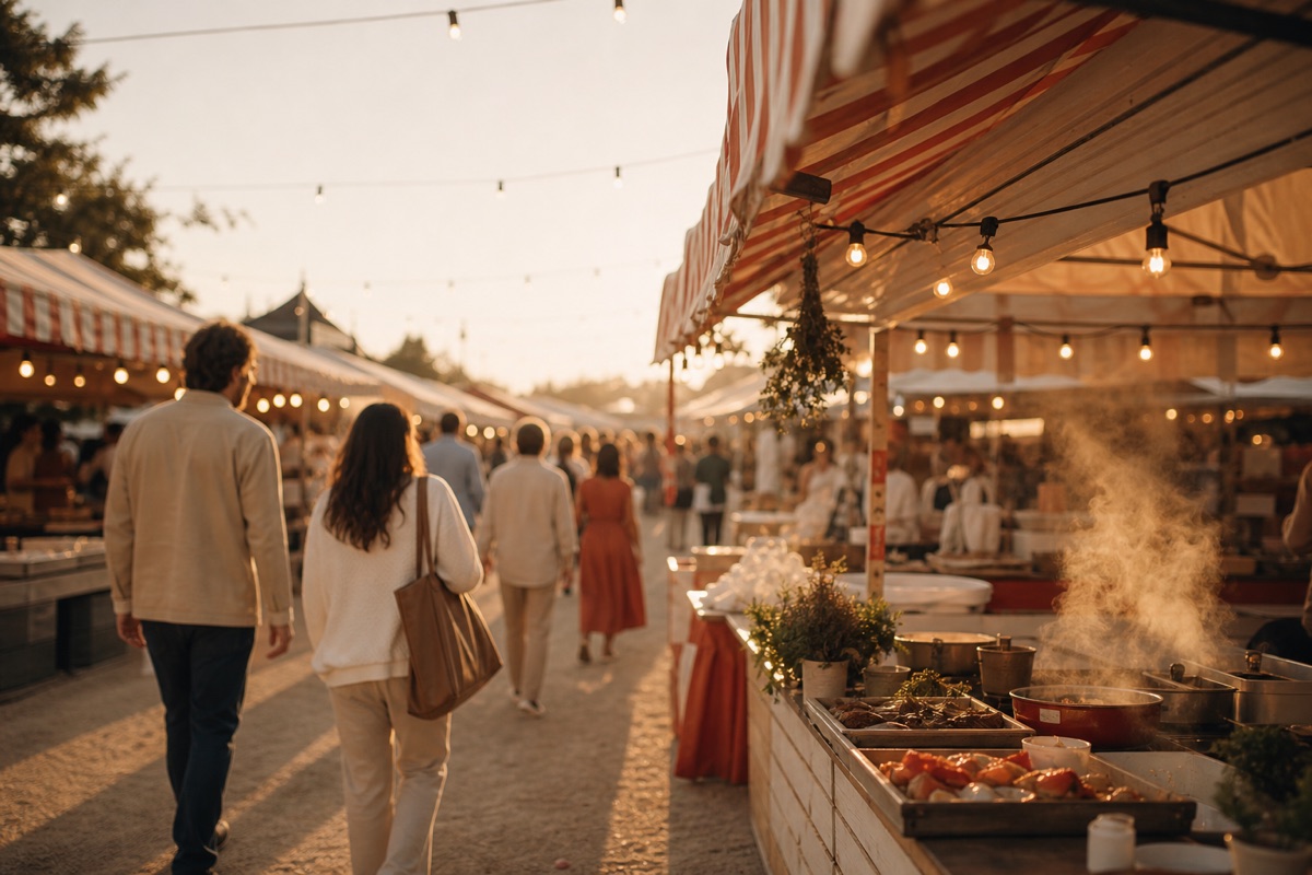 Bustling open-air food market at dusk with striped awnings and string lights