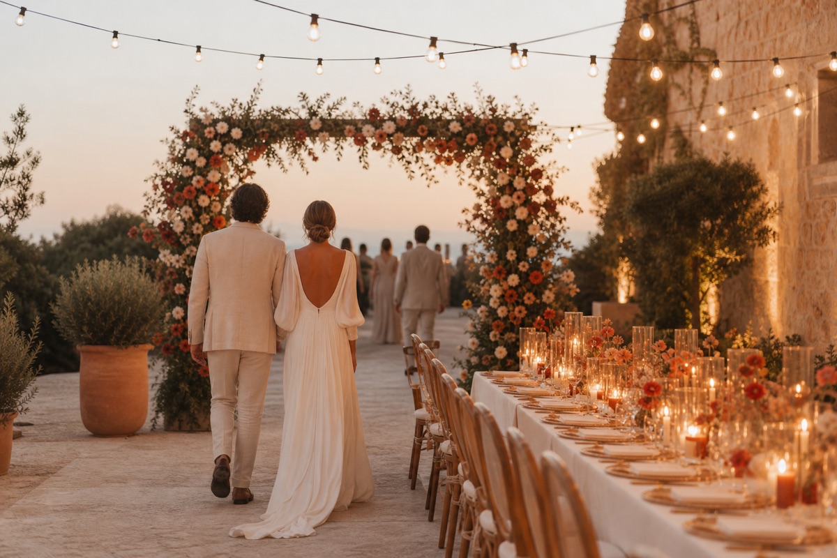 Elegant outdoor wedding reception at dusk with floral arch and warm string lights